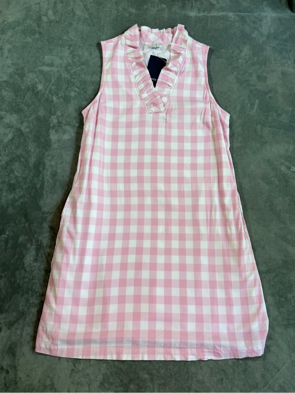 Crown & Ivy Pink White Gingham Ruffle Neck Sleeveless Shift Dress S
